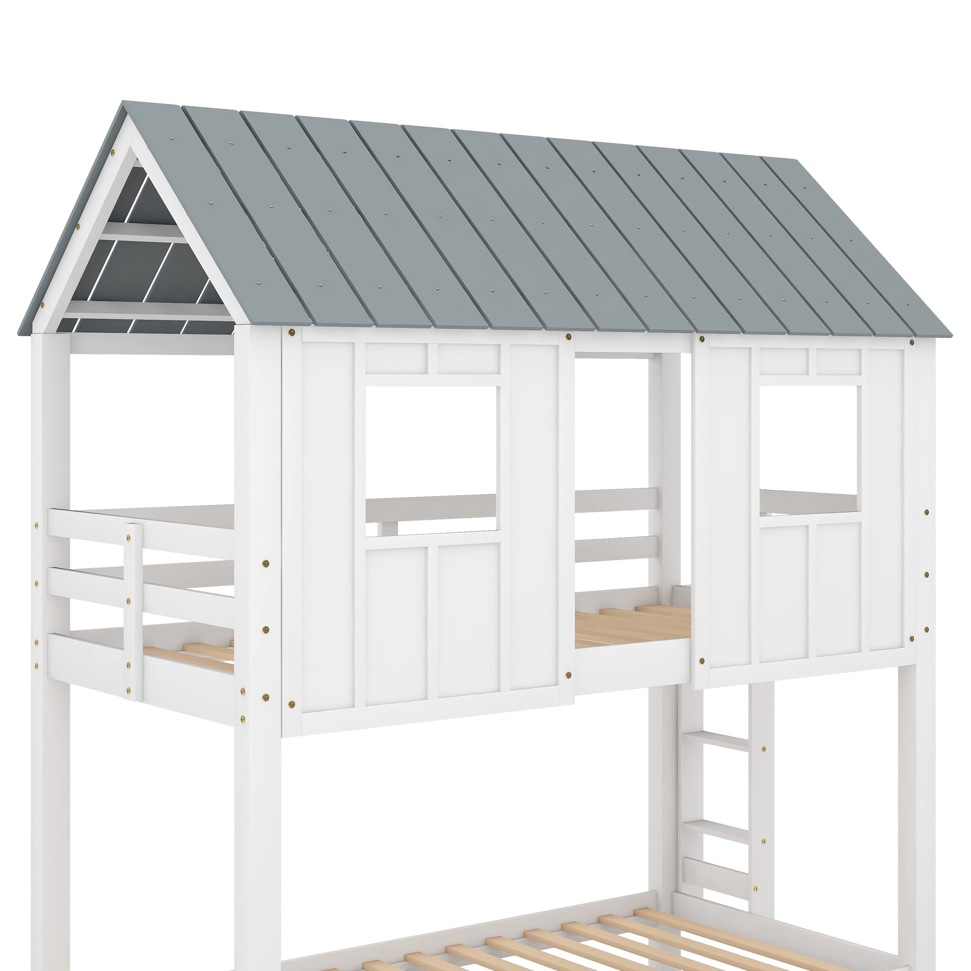 MERITLINE Twin Over Twin Wooden Bunk Bed with Trundle - Playhouse Design with Roof & Windows - Kids Bunk Bed for Small Spaces - Perfect for Shared Bedrooms, Sleepovers & Playtime (White)