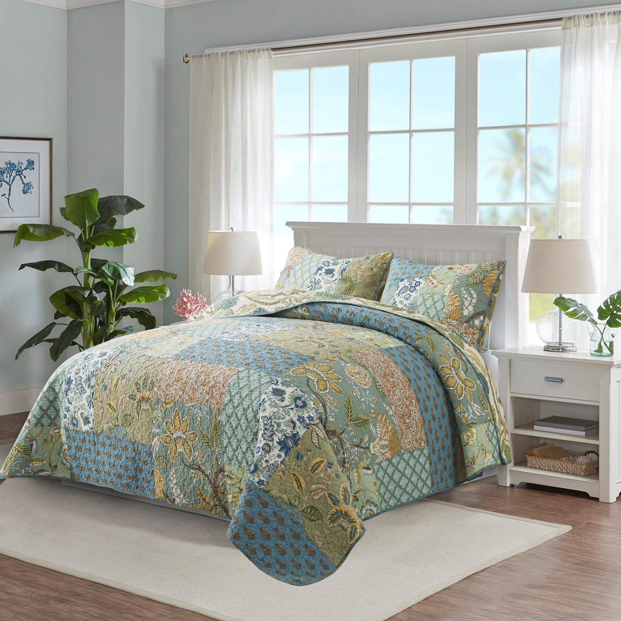NEWLAKE 100% Cotton Bohemian Patchwork Quilt Set California King Size - Reversible Lightweight Bedspread, Breathable All Seasons Quilted Cover with 2 Pillowcases - Perfect for Master Bedroom, Guest Room & Bohemian Home Decor