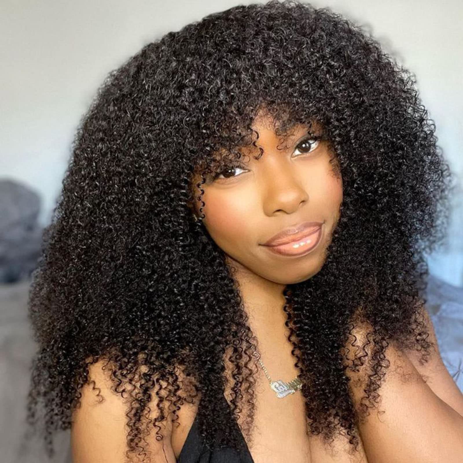200% Density Afro Kinky Curly Human Hair Wig with Bangs - Brazilian Remy Hair - Machine Made Scalp Top - Natural Color Short Curly Wigs (14 inch) for Black Women, Cosplay, Daily Wear & Special Occasions
