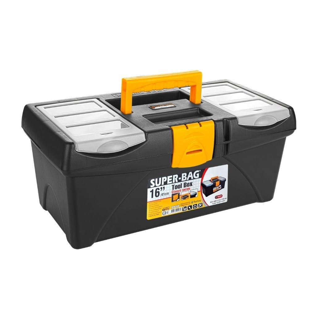 VHD 16-Inch Yellow Plastic Tool Box with Removable Tray - 2-Piece Heavy Duty Storage Organizer for Tools, Crafts & DIY Projects | Garage, Workshop & Home Use