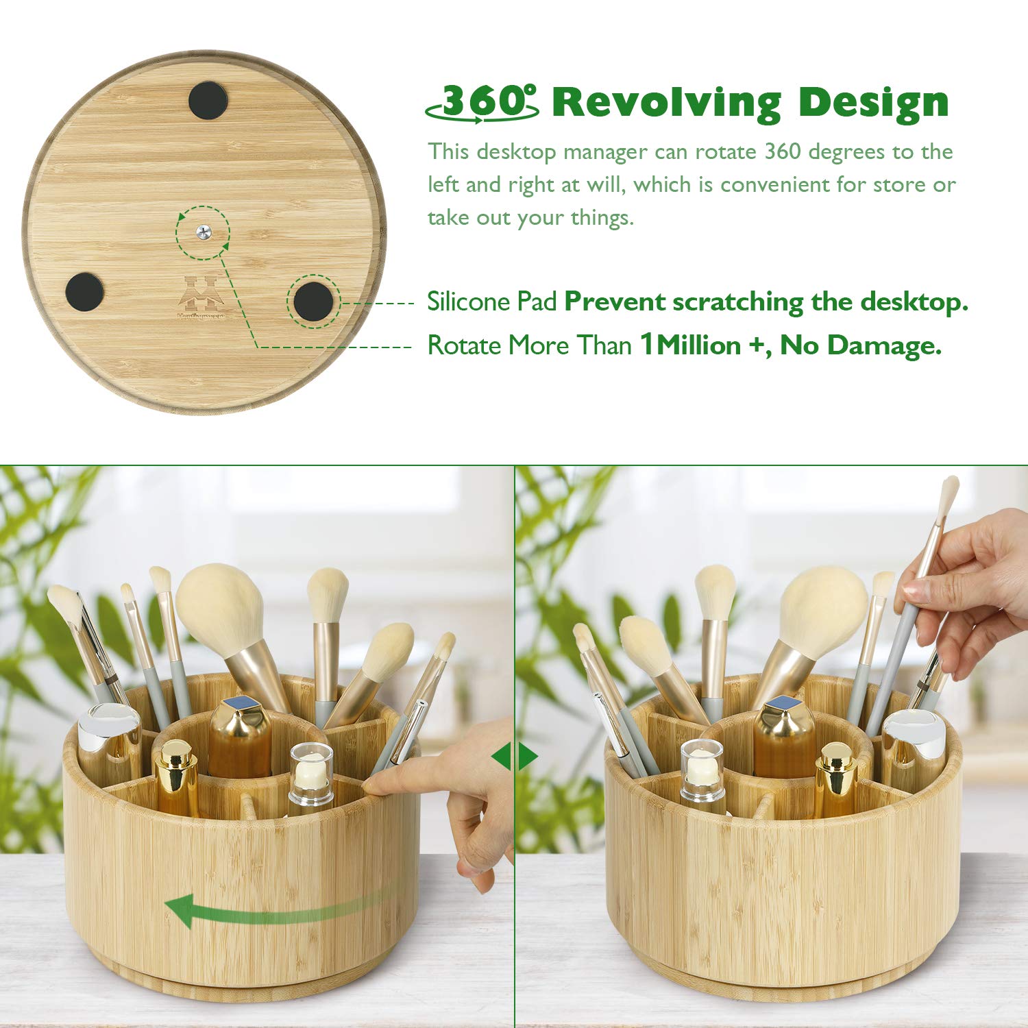 Bamboo Rotating Hexagon and Round Art Supply Organizer - 7 Compartment Desktop Storage Box for Pens, Colored Pencils, Art Brushes | Perfect for School, Office, Art Studio & Craft Room Organization