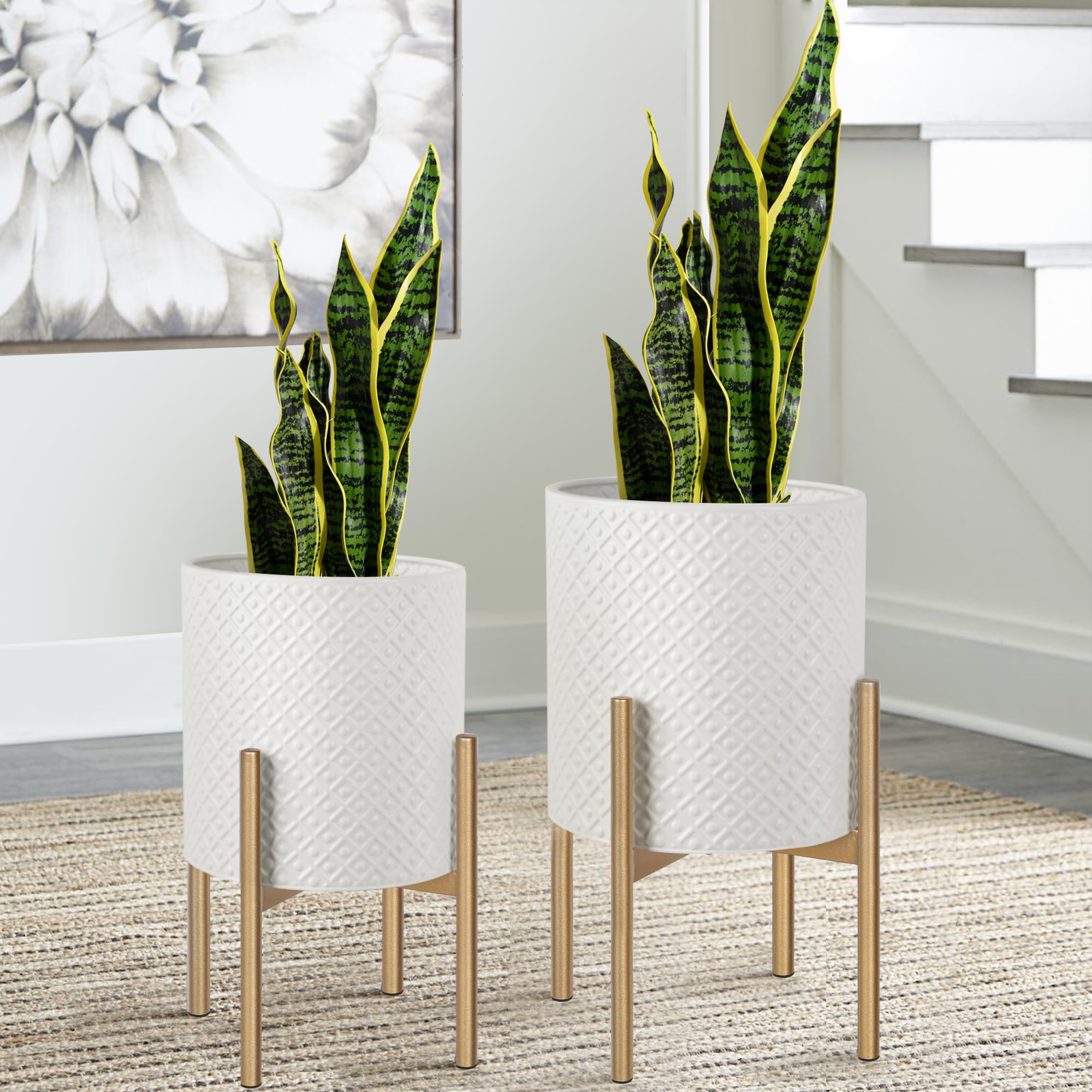 Oakrain Mid Century Modern Planters - Set of 2 Metal Indoor Plant Pots with Gold Stands (10