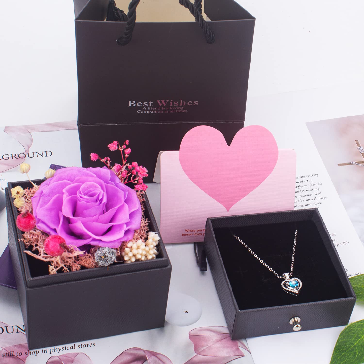Eternal Handmade Rose Necklace Gift Set - Preserved Real Rose in Elegant Jewelry Box, Perfect Romantic Gift for Women on Birthday, Anniversary, Mother's Day & Valentine's Day (Purple) | Jewelry Gift for Girlfriend, Wife, Mom & Special Occasions