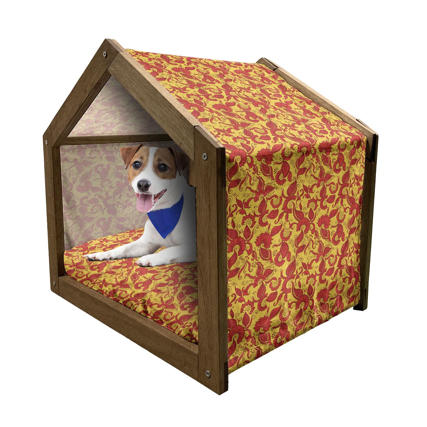 Ambesonne Ethnic Wooden Dog House with Floral Ornamental Motifs - Portable Indoor & Outdoor Pet Kennel for Small Dogs - Includes Cushion & Removable Cover - Orange & Vermillion Design - Perfect for Patio, Garden or Living Room Use