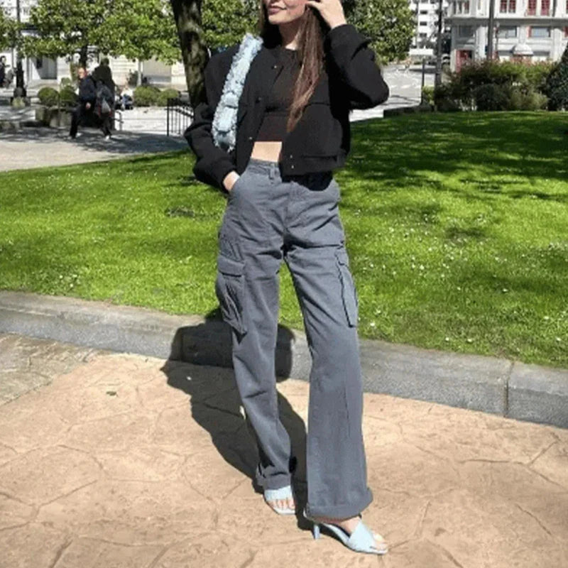 Women's Cargo Pants High Waist Straight Fit Baggy Wide Leg Trousers with Y2K Pockets - Retro Streetwear Casual Pants for Everyday Wear, Outdoor Activities & Urban Fashion