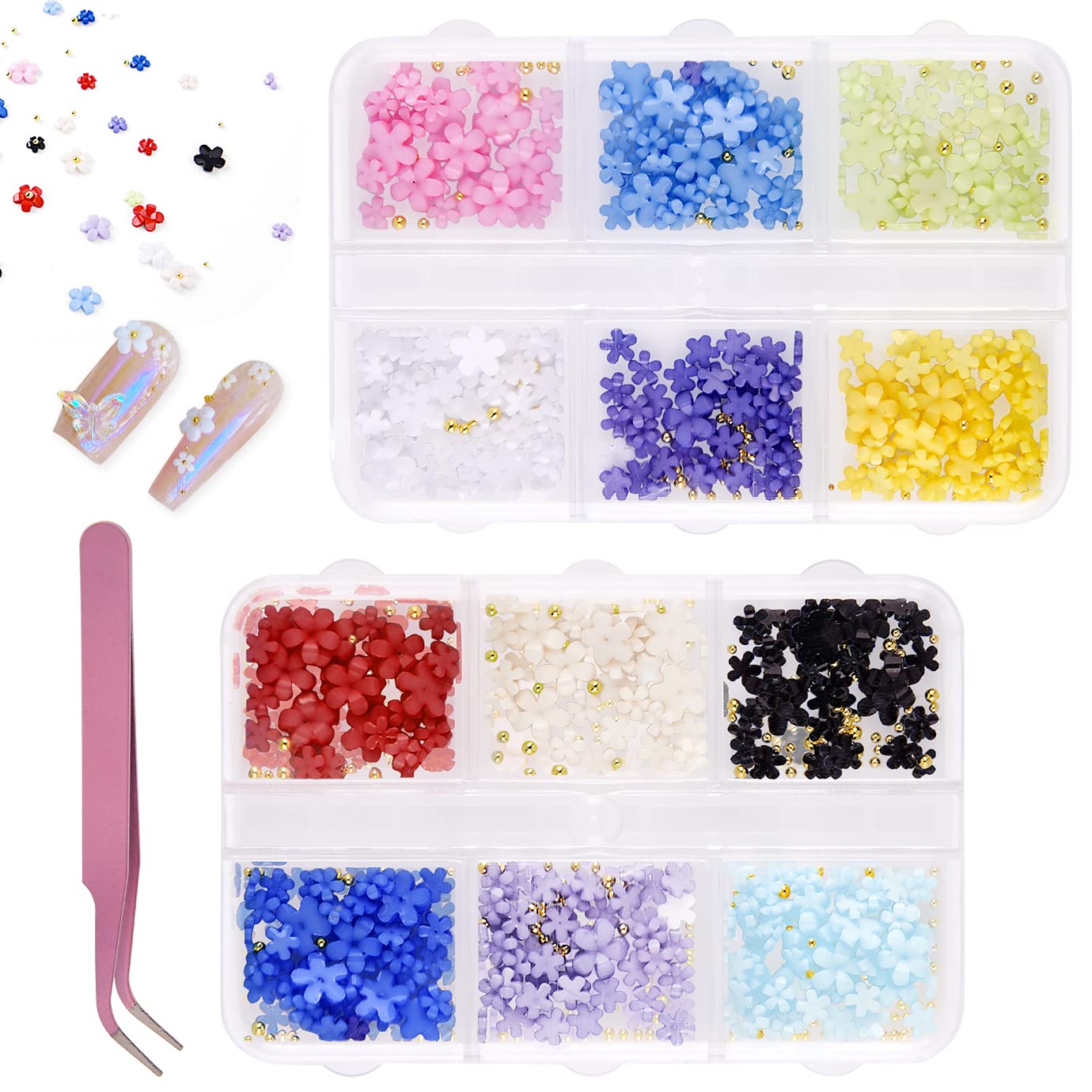 WXJ13 2 Boxes 3D Flower Nail Charms with Rhinestones & Metal Caviar Beads - Acrylic Nail Art Decorations for DIY Manicure, Wedding, Party & Salon Nail Designs