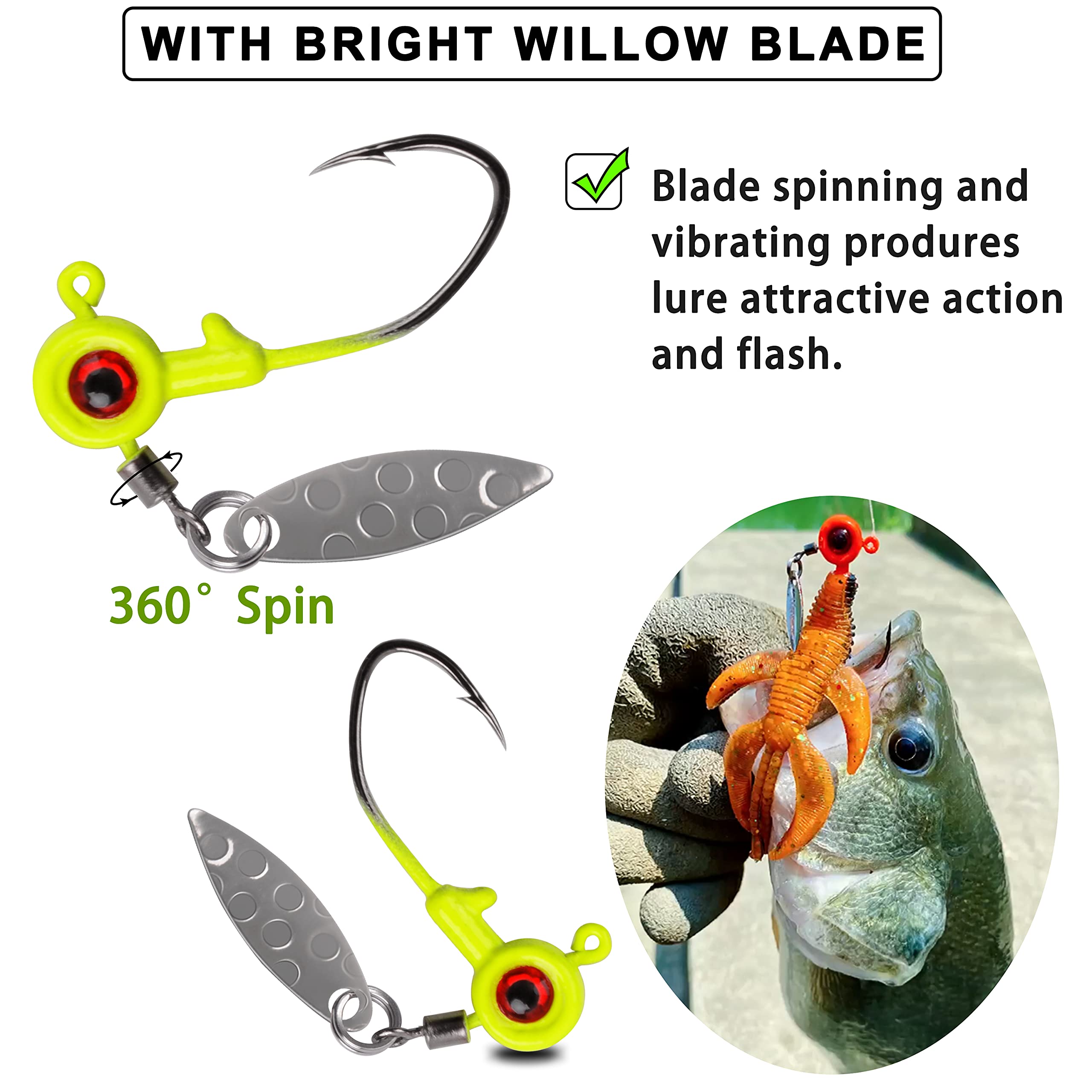 25PCS Crappie Fishing Jig Heads Kit with Spin Blades - 1/16oz, 1/8oz, 3/16oz Underspin Jigs for Bass, Trout & Panfish - Eye Ball Painted Spinner Fishing Jigs for Freshwater & Saltwater Angling