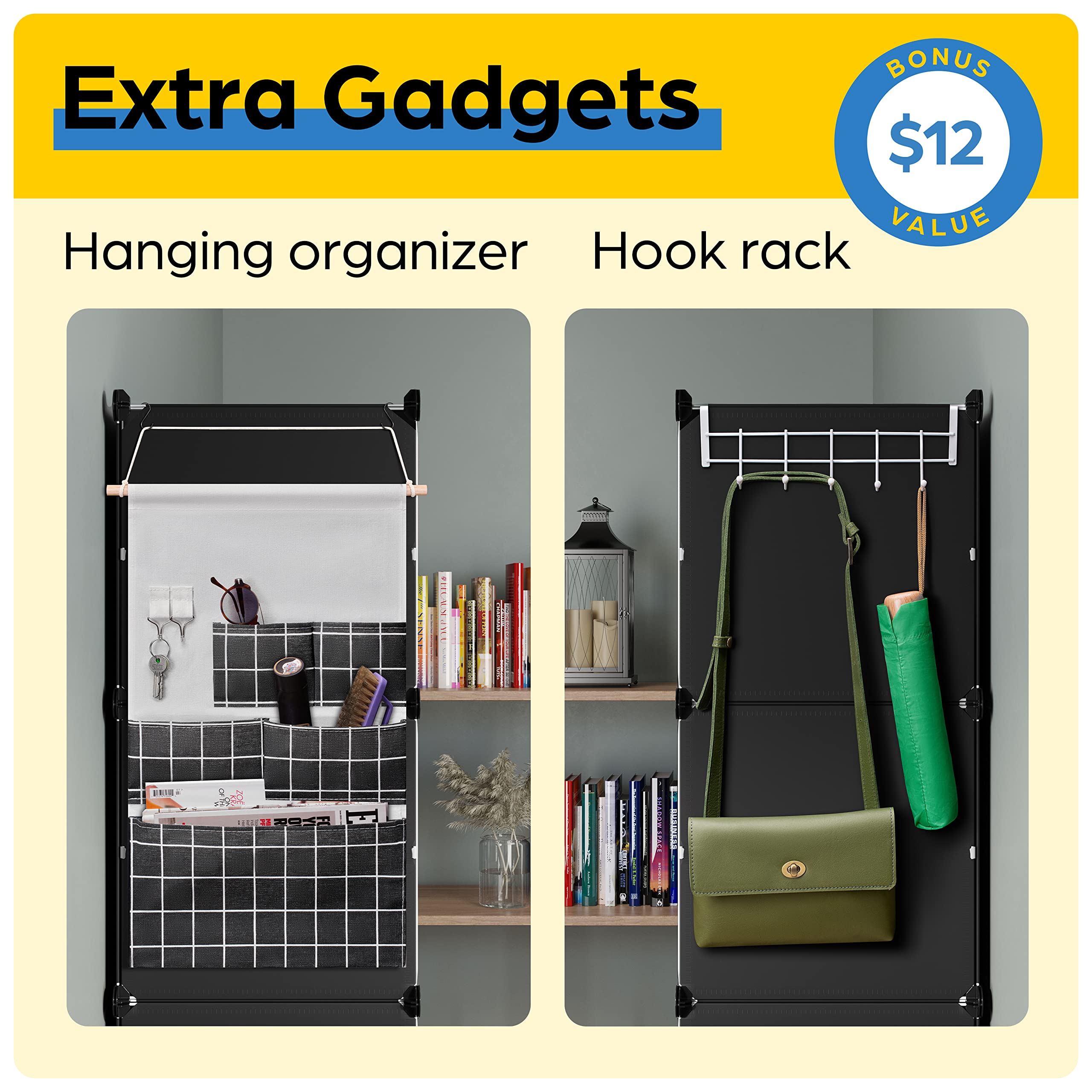72 Pair Stackable Shoe Organizer Cabinet with Clear See-Through Doors - Plastic Shoe Storage Closet with Covers, Hooks & Pockets - Portable Shoe Rack for Closet, Entryway or Bedroom Organization (Black)