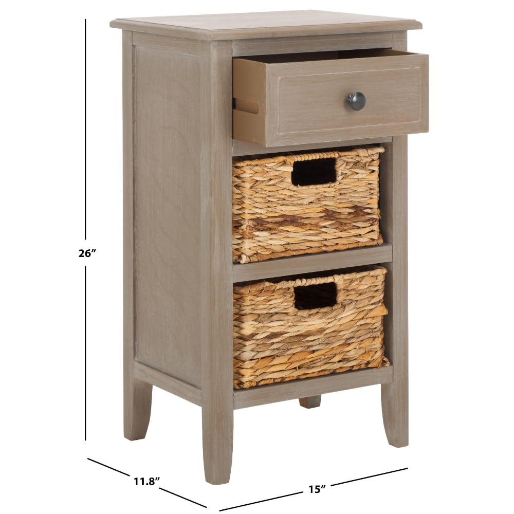 Safavieh Everly White Wash 1-Drawer Side Table with 2 Removable Baskets - Nightstand, Bedside Table, Living Room Accent Furniture for Small Spaces