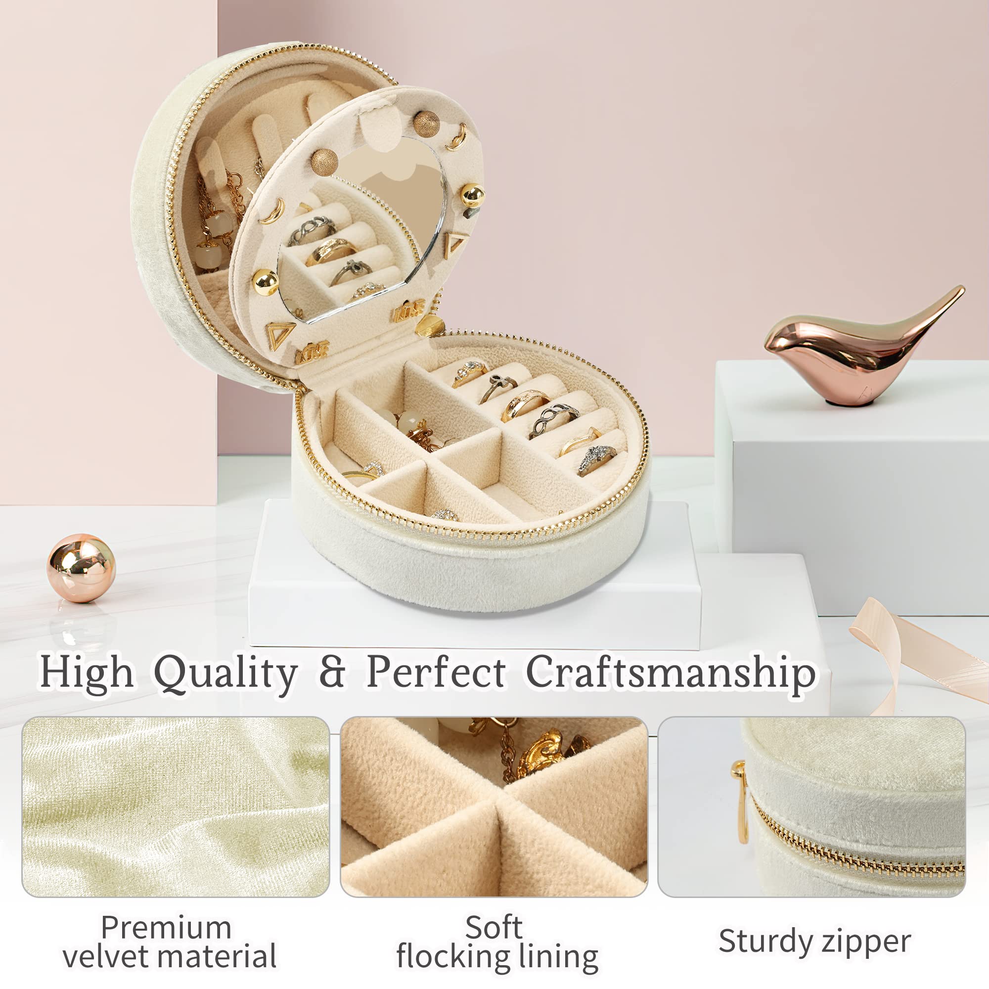 Dajasan Velvet Jewelry Organizer Box - Mini Travel Jewelry Case with Mirror for Earrings, Bracelets, Rings & Necklaces - Portable Jewelry Storage for Women - Perfect for Travel, Home & Gift (Beige)