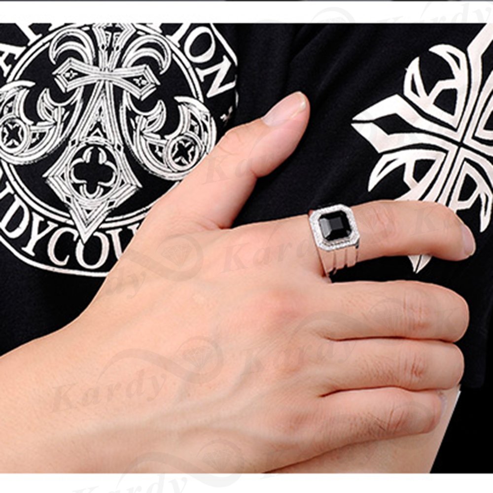 Men's Natural Black Agate & Cubic Zirconia 925 Silver White Gold Plated Engagement Ring Set - Promise Band for Wedding, Anniversary & Special Occasions