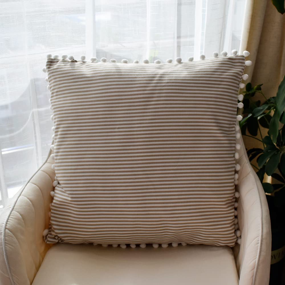 HOPLEE 18x18 Inch Farmhouse Stripe Decorative Pillow Covers Set of 2 - Cream Pom Pom Throw Pillow Covers for Couch, Bed, Sofa & Home Decor - Cozy Living Room & Bedroom Accent Pillows