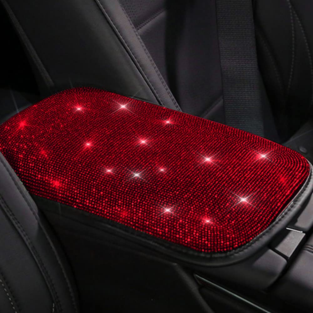 Sparkling Rhinestone Car Center Console Cover for Women - 12.6x8.7 Inch Diamond Armrest Cushion Pad - Luxury Bling Car Interior Accessory (Red Crystal) | Perfect for Sedans, SUVs & Gift Giving