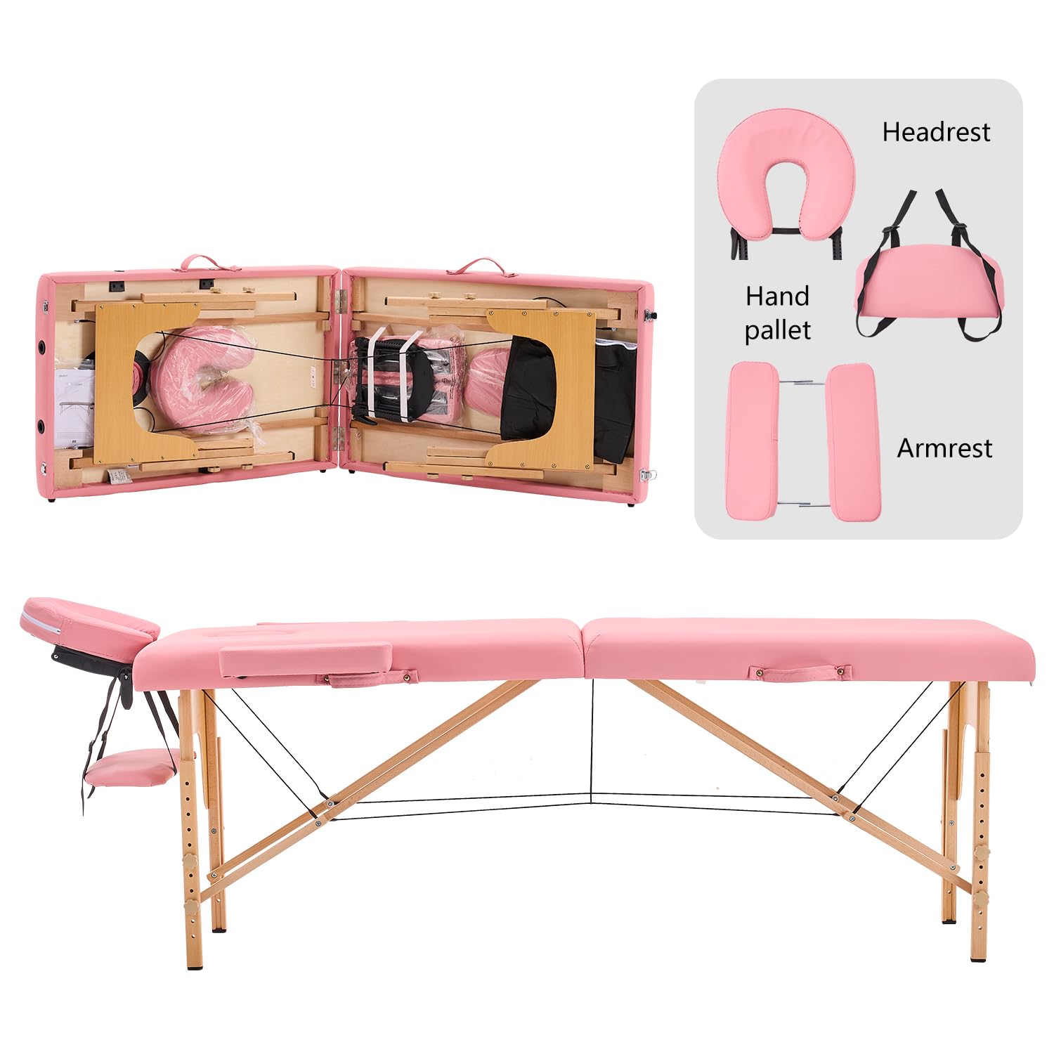 YOUNIKE Portable 2-Fold Adjustable Massage Table - Professional Spa Bed, Lash Extension Bed & Tattoo Bed with Face Cradle & Wooden Frame (Includes Non-Woven Carrying Bag, Pink) - Perfect for Salon, Spa, Home Use & Mobile Beauty Services