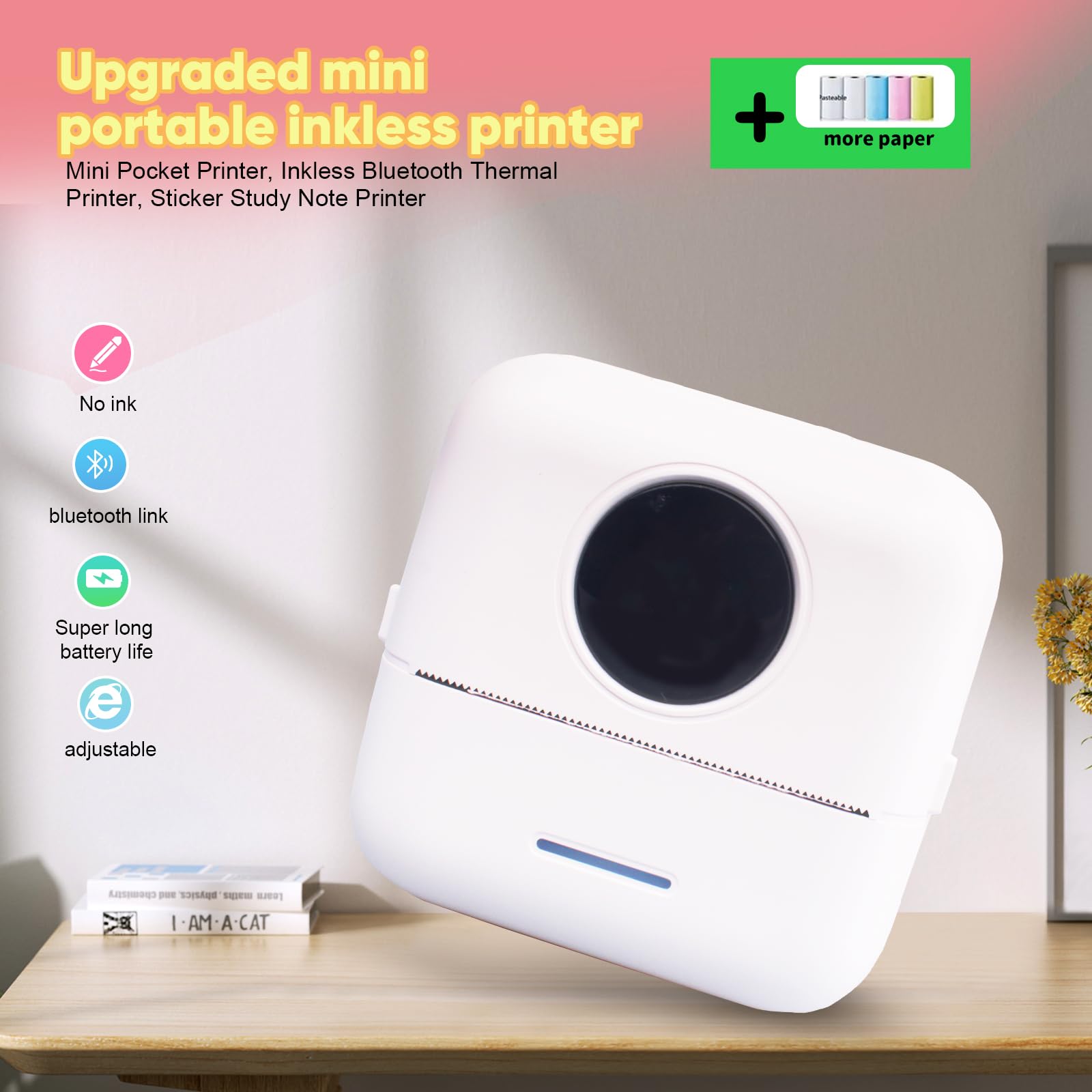 BRONA Notebuddy Mini Portable Bluetooth Thermal Printer - Wireless Inkless Pocket Printer for iOS & Android with 5 Thermal Paper Rolls - Perfect for Journaling, DIY Scrapbooking, Travel Notes, Shopping Lists, Labels & Memos - Compact Receipt Printer for Home, Office & On-the-Go Use