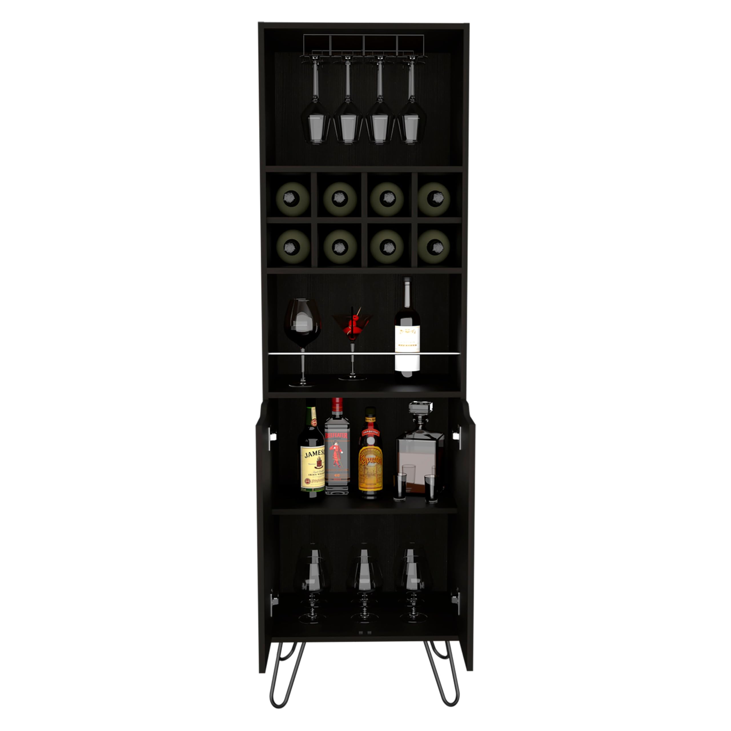 Tuhome Manhattan L-Shaped Bar Cabinet with 8 Built-In Wine Racks & 2 Single-Door Storage Cabinets - Black | Perfect for Home Bars, Dining Rooms & Entertaining Spaces