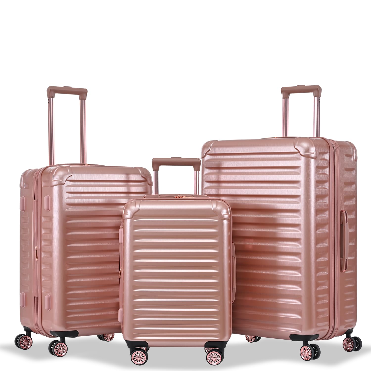 3 Piece Lightweight Hardside Luggage Set - 20/24/28 Inch Expandable PC+ABS Suitcases with 360° Spinner Wheels for Business & Travel (Rose Gold Stripe) | Perfect for Air Travel, Business Trips & Family Vacations