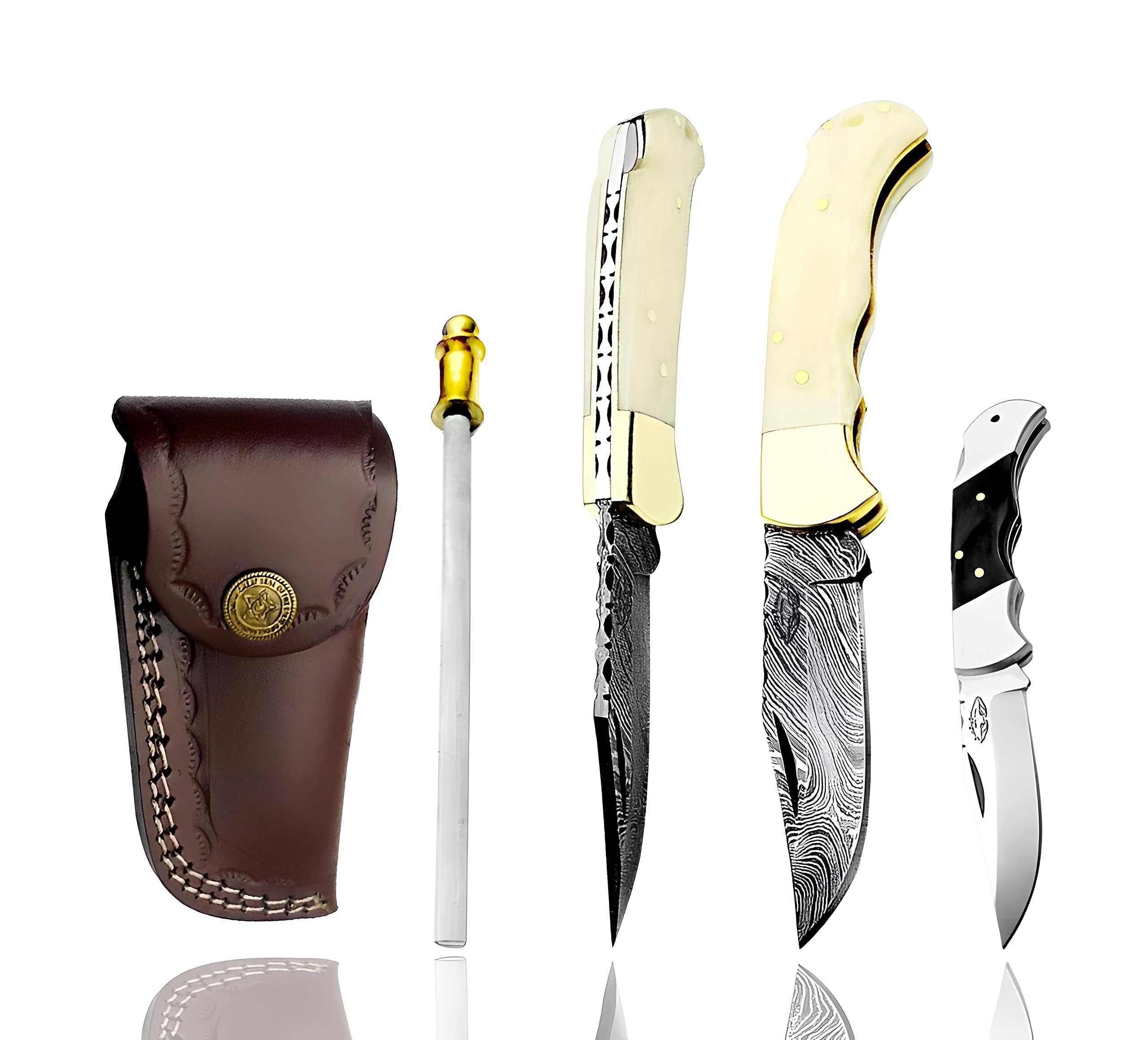 Premium Damascus Folding Pocket Knife with Blue Wood Handle - High-Quality Camping, Hunting & Survival Knife for Men - Perfect Gift for Outdoorsmen & Adventurers - Ideal for Hiking, Fishing & Everyday Carry (Camel)