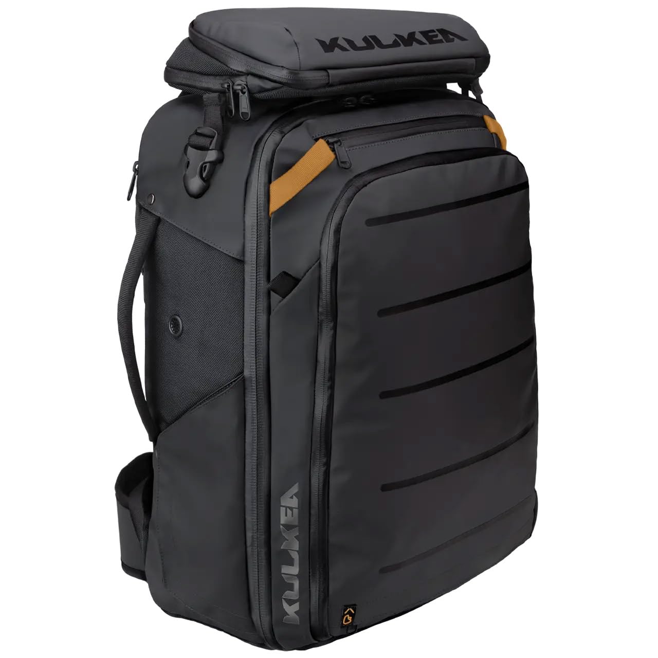 40L Travel Backpack - Waterproof Carry On Backpack with Detachable Organizer & Magnetic Bottle Pocket - Laptop & Passport Compartment - Convertible Ski Boot Bag for Air Travel, Hiking, Snowboarding (Black/Gold)