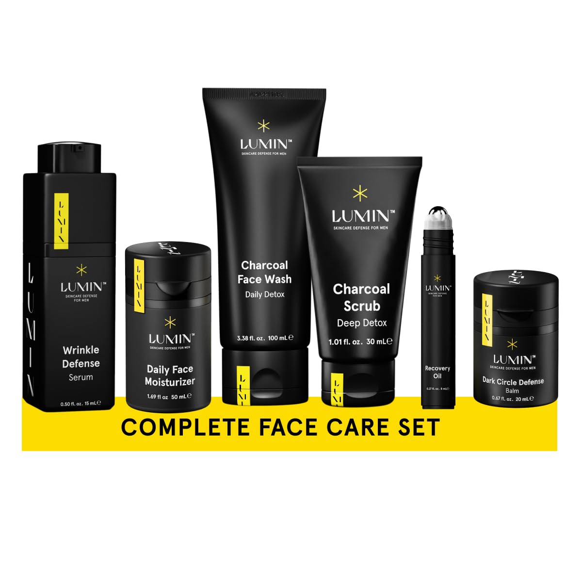 Lumin Complete Men's Skincare Set - Charcoal Face Wash, Scrub, Moisturizer, Wrinkle Serum, Recovery Oil & Dark Circle Balm | Daily Grooming Routine for Clean, Hydrated & Youthful Skin