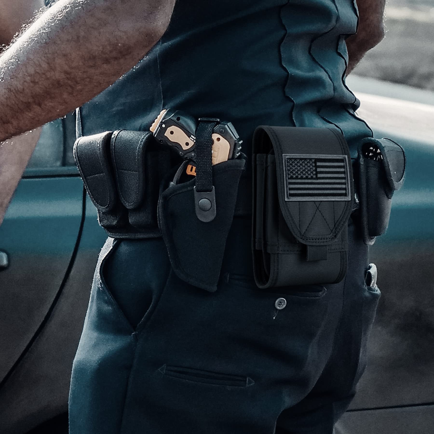 Tactical Molle Belt Pouch with Flag Patch - Double Capacity Phone Holster for iPhone 16 Pro Max/16 Pro/15 Pro Max/14 Pro Max/13 Pro Max/12 Pro Max/11 Pro Max & Samsung S24 - Large Size with Extra Stiffness - Perfect for Outdoor Activities, Hiking, Camping and Military Use