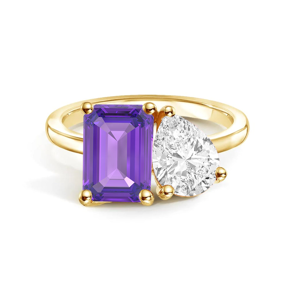 Personalized Toi et Moi Amethyst Birthstone Ring - Custom Anniversary Jewelry for Couples, Gift for Her, Romantic Proposal & Wedding Band