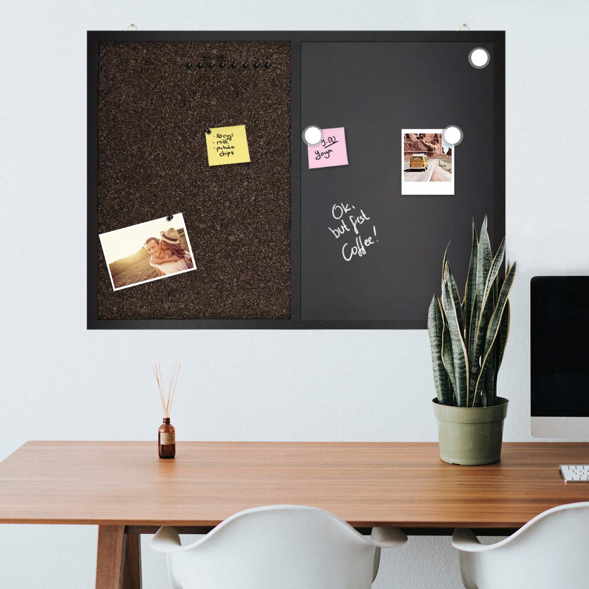 Navaris 24x36 Inch Magnetic Chalkboard and Cork Bulletin Board Combo - Framed Wall Mount Chalk Board with Cork for Office, Classroom or Home - Includes Chalk, Push Pins & Magnets (Ideal for Notes, Memos & Organization)