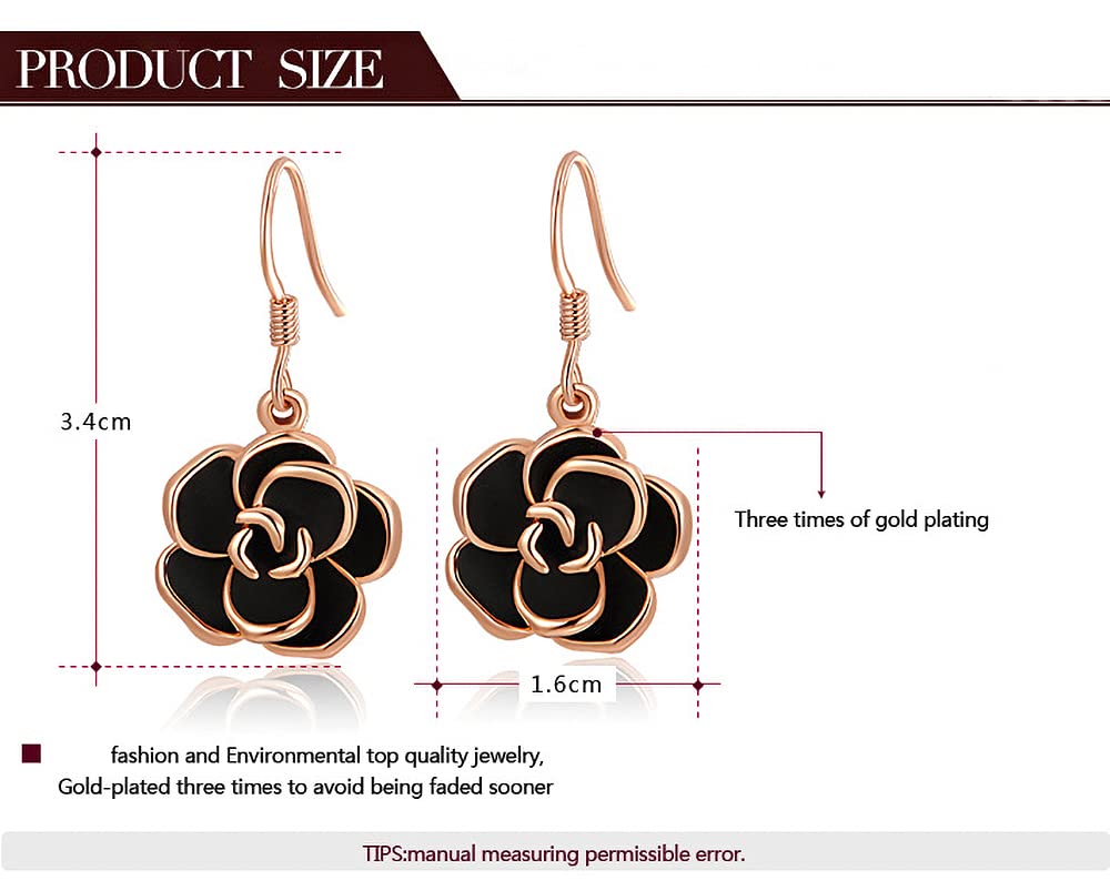 18K Rose Gold Plated Black Rose Flower Hook Earrings for Women - Elegant Dangle Earrings for Party, Wedding & Evening Occasions