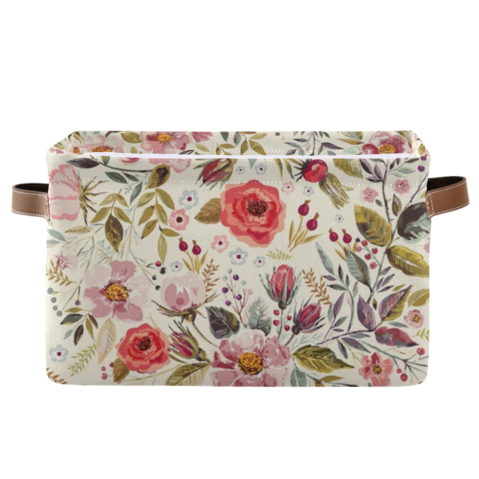 Vintage Hand-Drawn Floral Square Storage Basket - Waterproof Laundry Hamper & Nursery Organizer with Handles for Toys, Clothes, Baby Room & Closet Organization - Perfect for Home Decor, Kids' Room Storage & Bathroom Organization