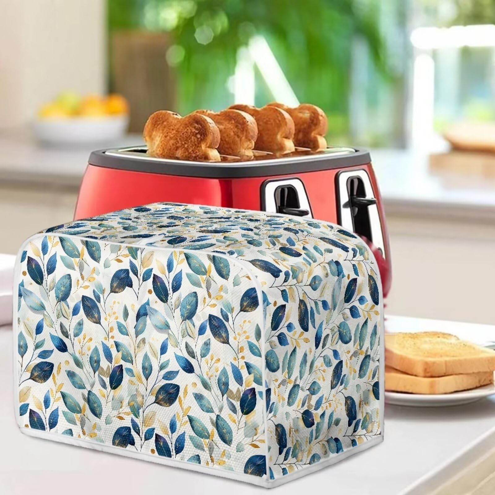 2 Slice Toaster Cover - Dustproof & Fingerprint Protection Toaster Oven Cover for Kitchen - Blue Gold Leaf Design - Perfect Gift for Mom, Wife & Friends (Use: Keep Toaster Clean While Not in Use)