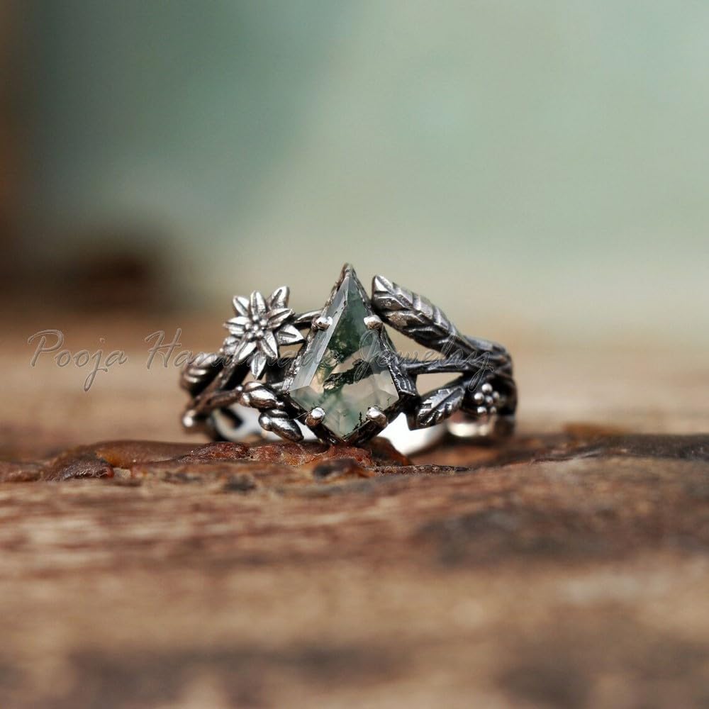 925 Sterling Silver Moss Agate Kite Cut Ring - Handmade Nature Inspired Tree Branch & Flower Design Boho Ring for Women | Perfect Mother’s Day Gift, Wedding, Anniversary & Everyday Wear