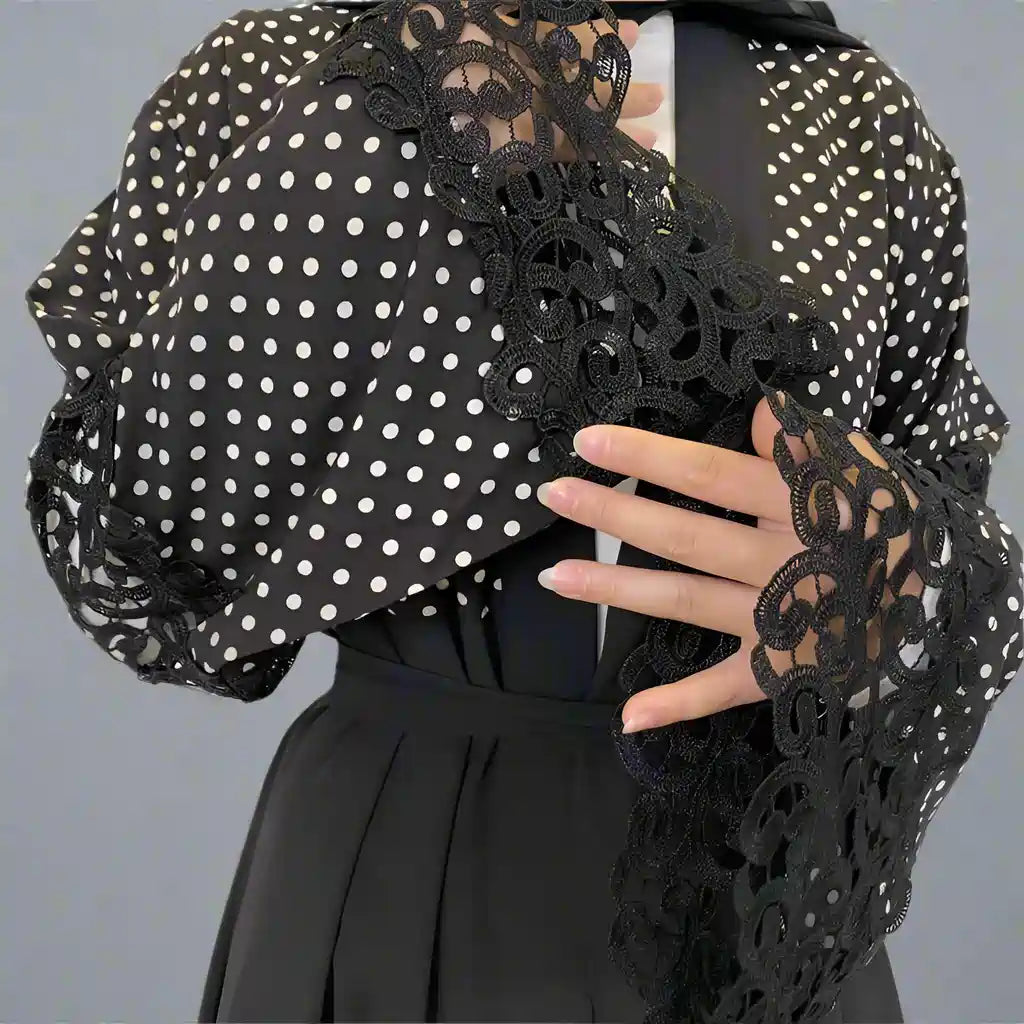 Elegant Lace Polka Dot Cardigan Open Abaya Dress for Women - Stylish Muslim Fashion for Casual Wear, Office & Special Occasions
