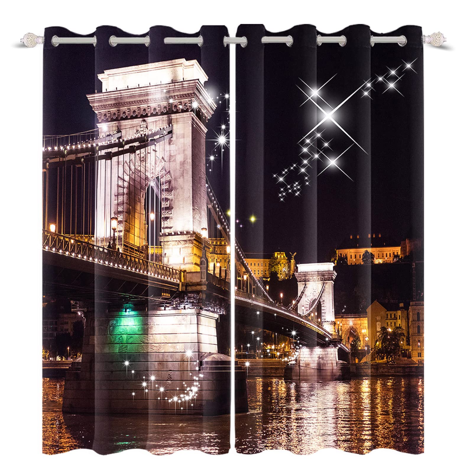 Blackout Window Curtains - AWERT City Night View Majestic Bridge Metropolitan Scene Drapes for Living Room, Modern Urban River Window Treatment, 2 Panels with Grommet (Each 26x63 Inch) - Perfect for Bedroom, Office & Home Theater Light Blocking