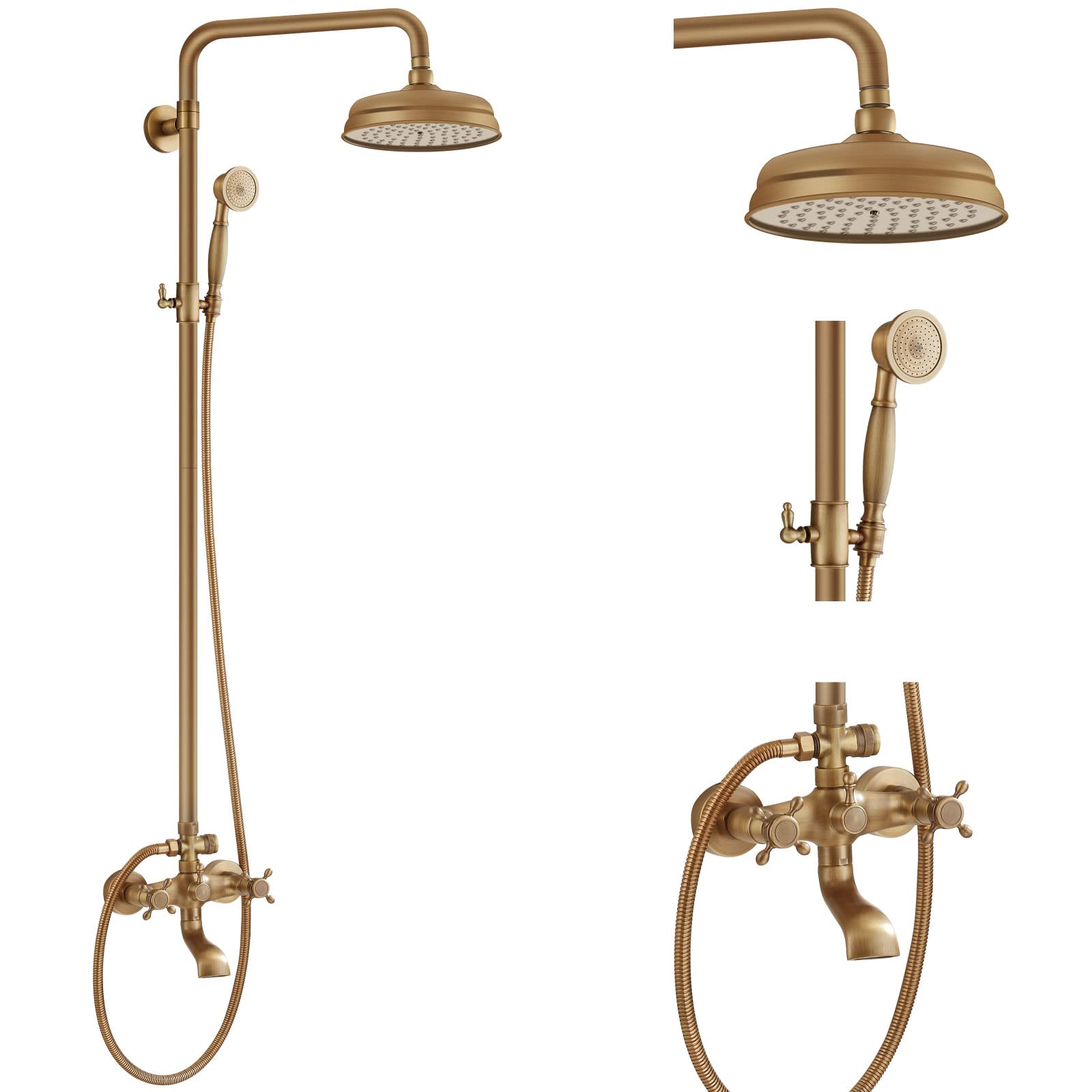 Aolemi Antique Brass 8-Inch Rainfall Shower Faucet Set with Handheld Spray and Triple Functions - Wall Mount Bathroom Fixture for Luxurious Spa Experience