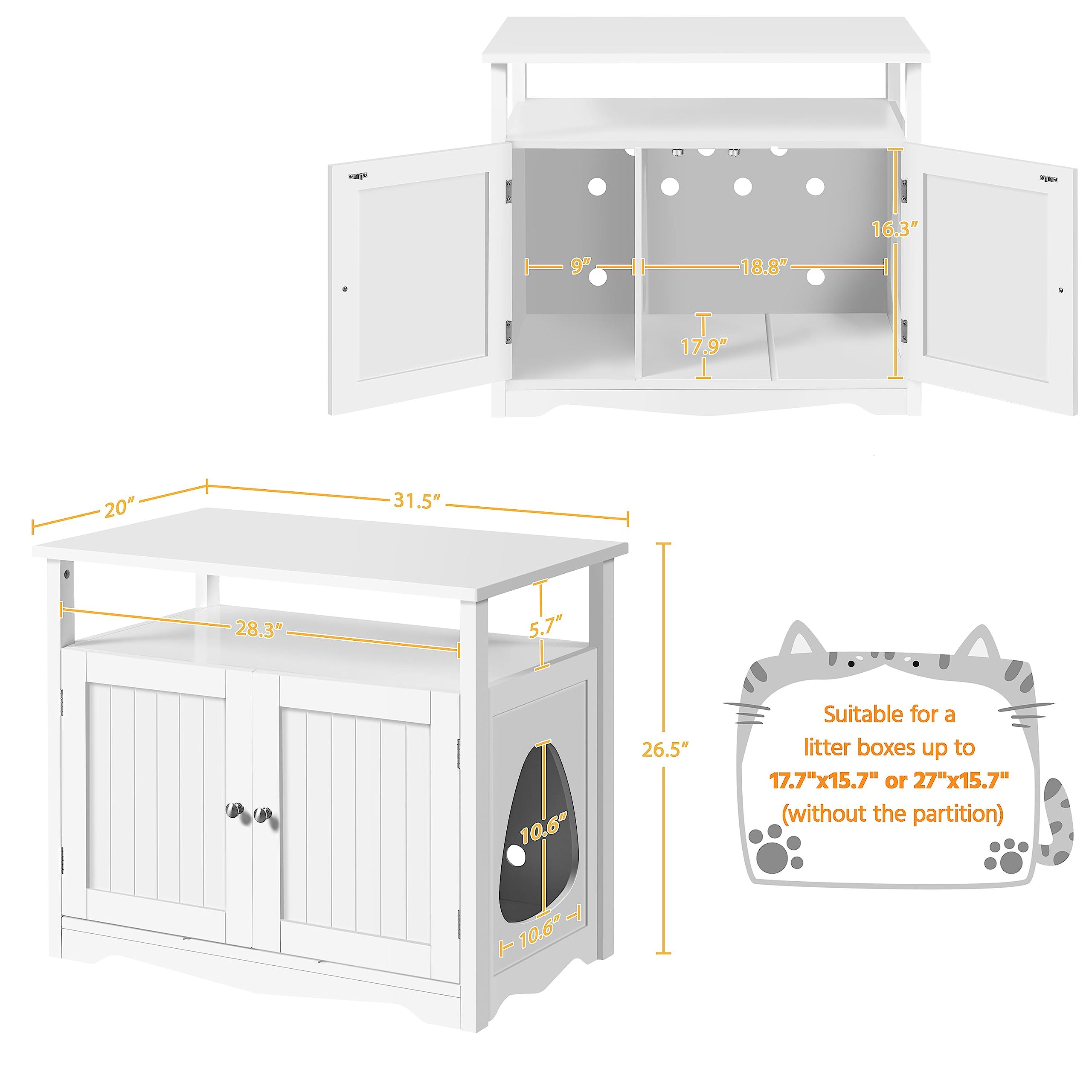 Yaheetech Wooden Cat Litter Box Enclosure Furniture - Hidden Litter Box with Removable Divider, Indoor Cat House with Storage Shelf, Pet Side Table Cabinet - Perfect for Small Spaces & Home Decor
