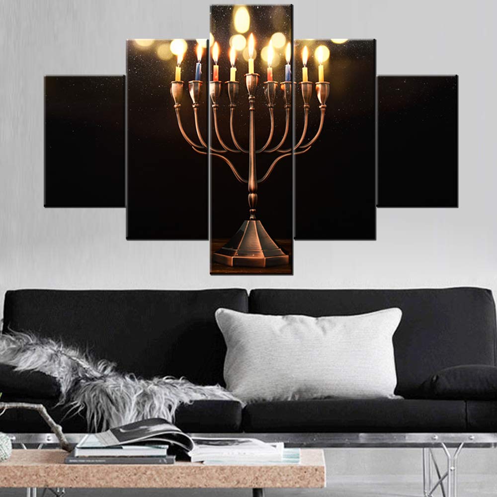 TUMOVO Jewish Wall Art - Hanukkah Menorah Candles Painting Set of 5 Multi Panel Canvas Artwork, Framed Ready to Hang Home Decor for Living Room (60''W x 40''H) - Perfect for Jewish Holidays, Synagogue Gifts & Kosher Home Decoration