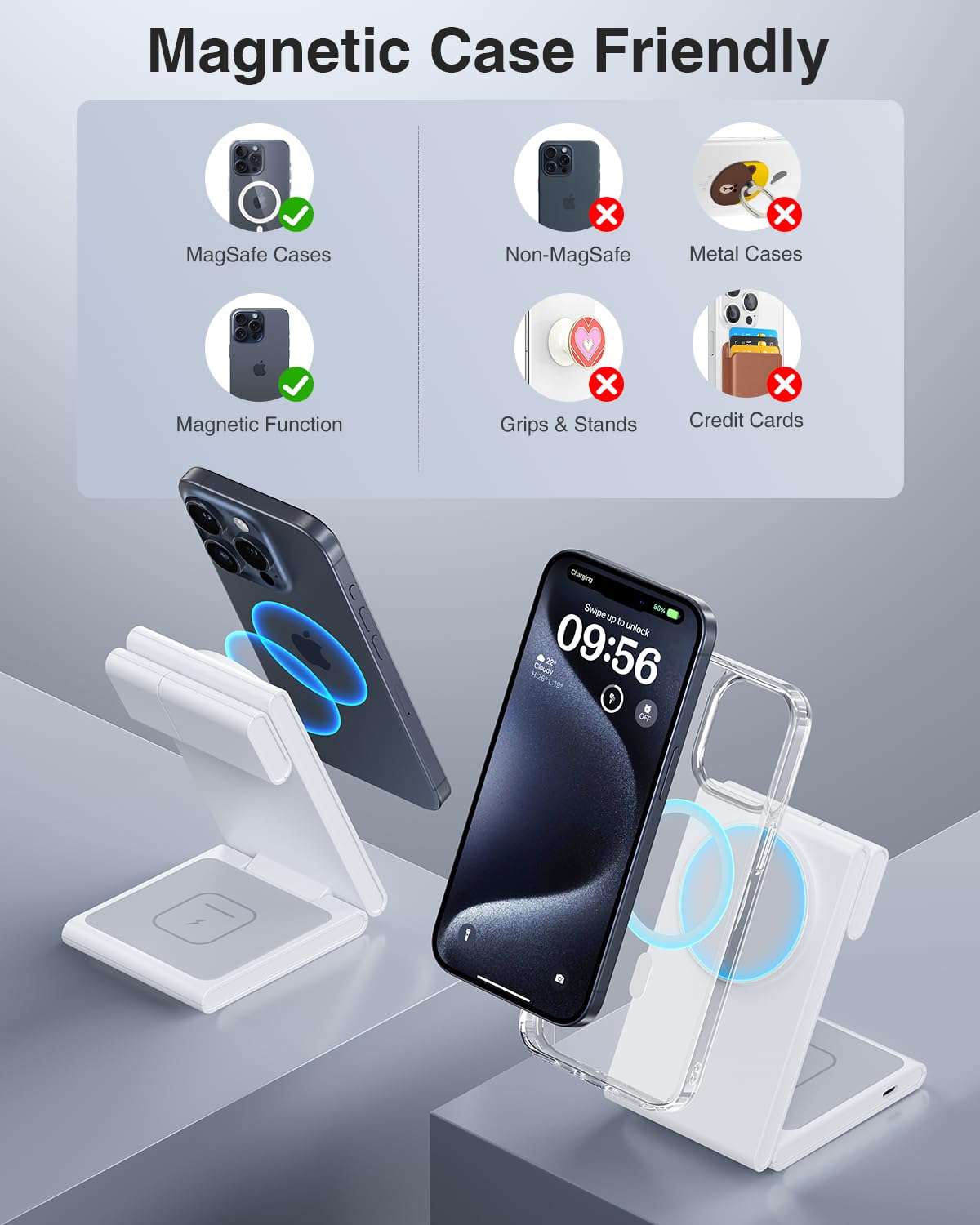 Meifigno 3-in-1 Foldable Magnetic Wireless Charging Station with 20W PD USB-C Adapter | Fast Charging Stand for iPhone 16/15/14/13/12 Pro/Max, Apple Watch Series 9/8/7/SE, AirPods Pro/3/2 | Perfect for Home, Office & Travel | Space Gray