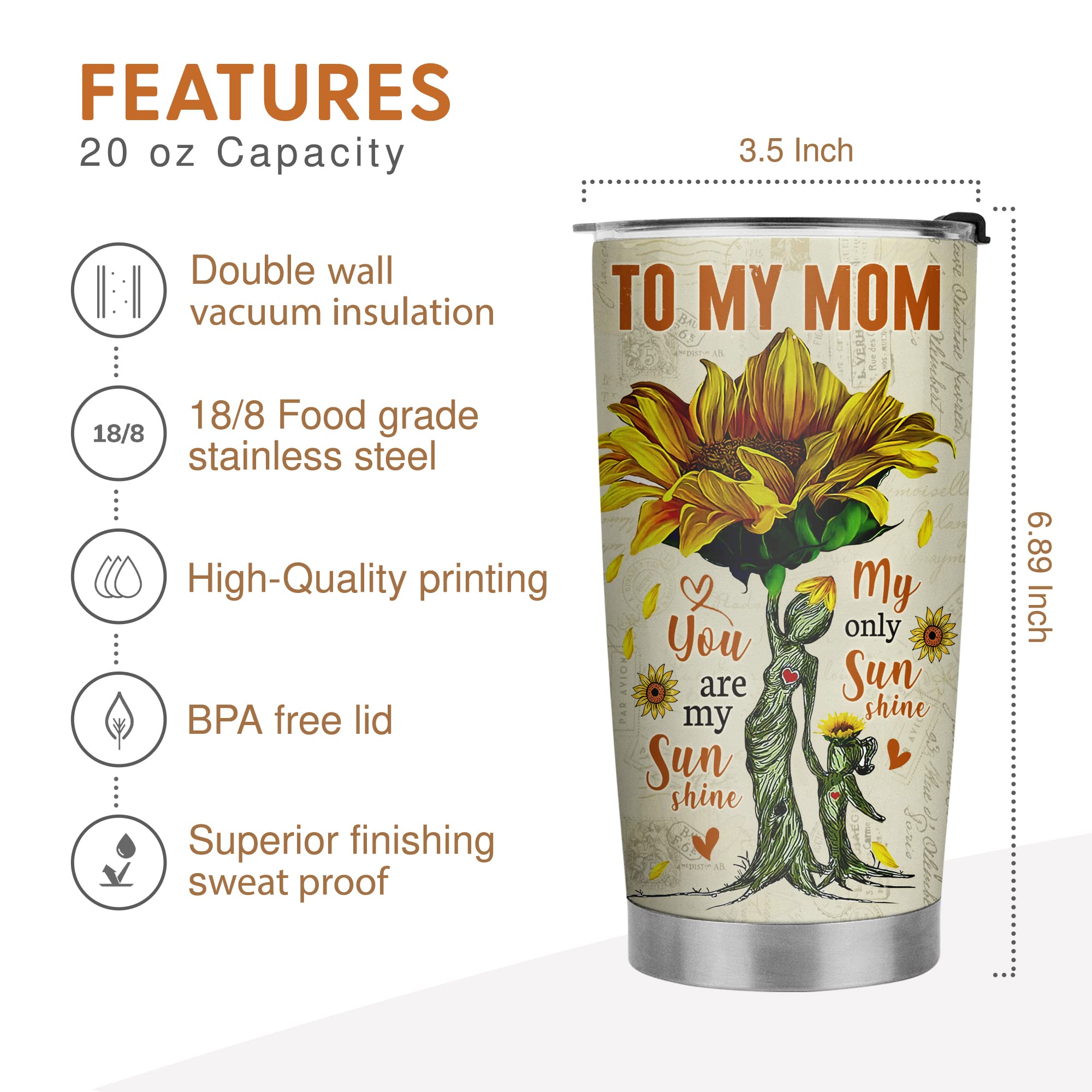 20oz Stainless Steel Tumbler with Sunflower Design - Perfect Gift for Mom from Daughter - Birthday, Christmas & Valentine's Day Present - Ideal for Coffee, Tea & Cold Drinks at Home, Office or Travel