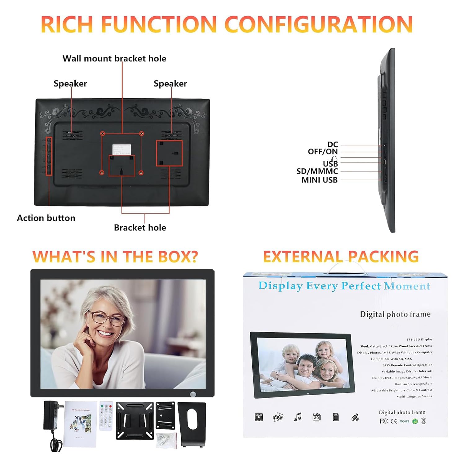 YYGHF 20-Inch Smart Digital Picture Frame - 1920x1080 HD IPS Screen, Wall Mountable, with Calendar, Clock & Alarm Features | Perfect Gift for Elderly Parents | Display Family Photos, Memories & Digital Art in Living Room, Bedroom or Office