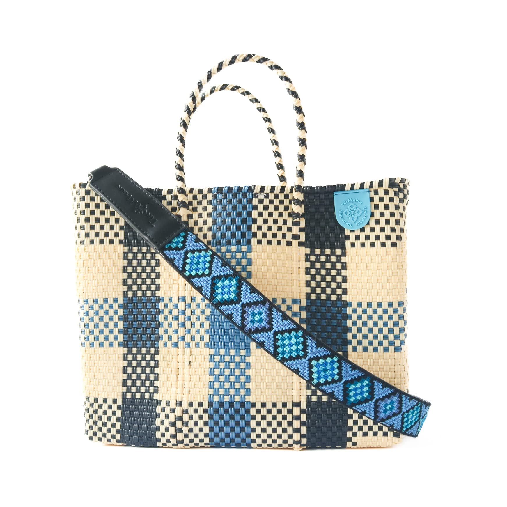 Eco-Friendly Cabo Medium Woven Crossbody Bag with Detachable Mesh Pouch - Beige, Blue & Black Beach Tote | Recycled Plastic Mexican Artisan Purse | Perfect for Vacation, Resort Wear & Summer Travel Accessories