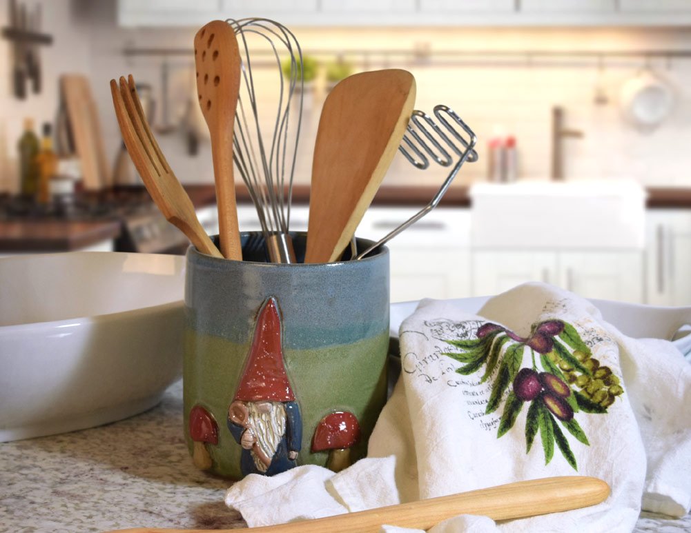 Handmade American Stoneware Pottery Utensil Holder with Gnome Design - Farmhouse Kitchen Countertop Organizer for Spoons, Forks & Cooking Tools