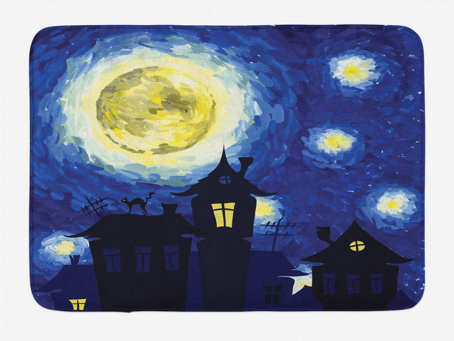 Ambesonne Non-Slip Moon Bath Mat - Hand Drawn Country Houses & Full Moon Design - Plush Bathroom Rug 30.2