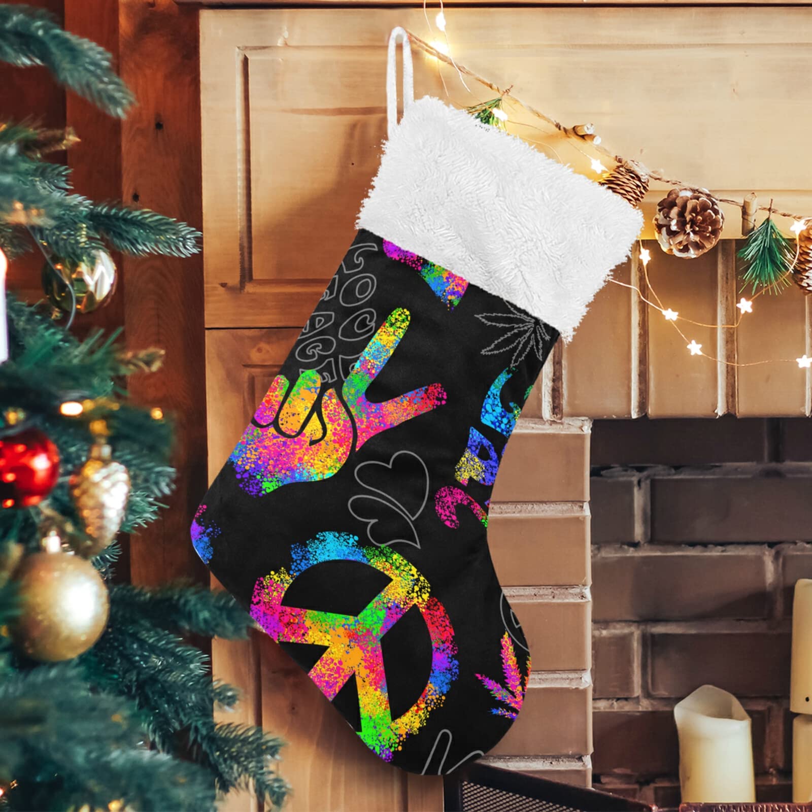 1 Pack Christmas Stocking with Rainbow Peace Love Sign - 17.7 Inch Fireplace Hanging Ornament for Holiday Decor | Perfect for Xmas Tree, Mantel & Gift Exchange