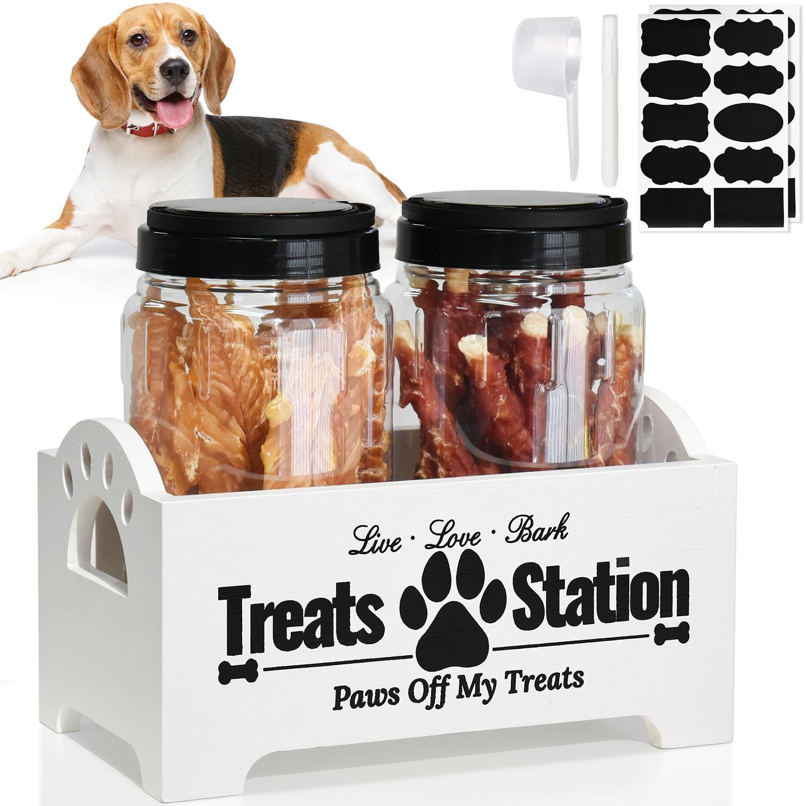 Farmhouse Style Dog and Cat Food Storage Container - Airtight Pet Treat Organizer with 2 Plastic Jars for Dry Food & Snacks - Wooden Pet Food Holder for Kitchen Counter or Pantry Organization (White) - Perfect for Storing Kibble, Biscuits and Keeping Pet Food Fresh
