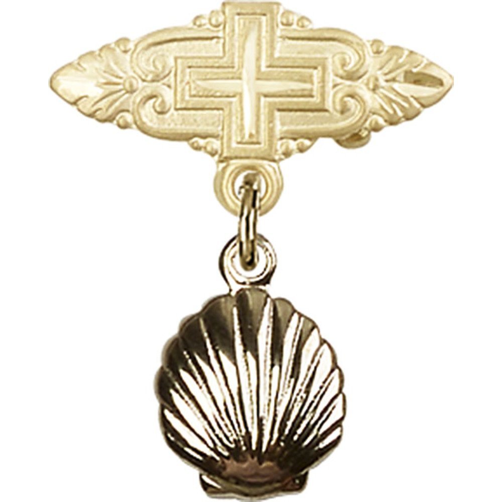 Gold Filled Baby Badge with Shell Charm & Cross Pin - 7/8