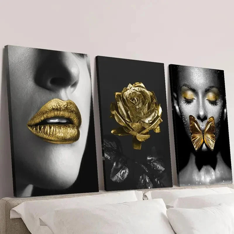 3-Piece Gold Lipstick Girl Wall Art Set - Framed Canvas Prints 40x60cm - High Quality Australian Made Wall Decor - Perfect for Living Room, Bedroom & Office Decor