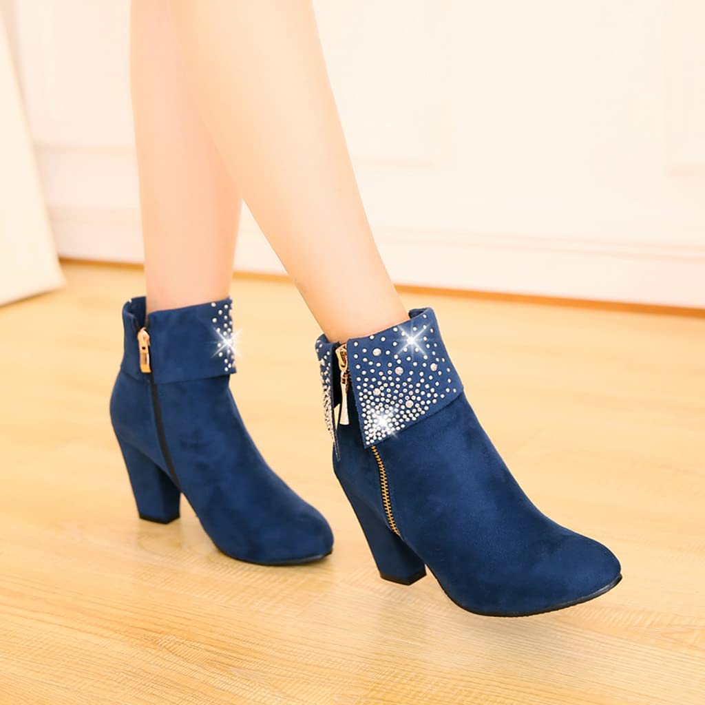 Mioke Women's Chunky Block Heel Ankle Boots - Rhinestone Decor Round Toe Suede Booties with Side Zipper for Party, Night Out & Date Night