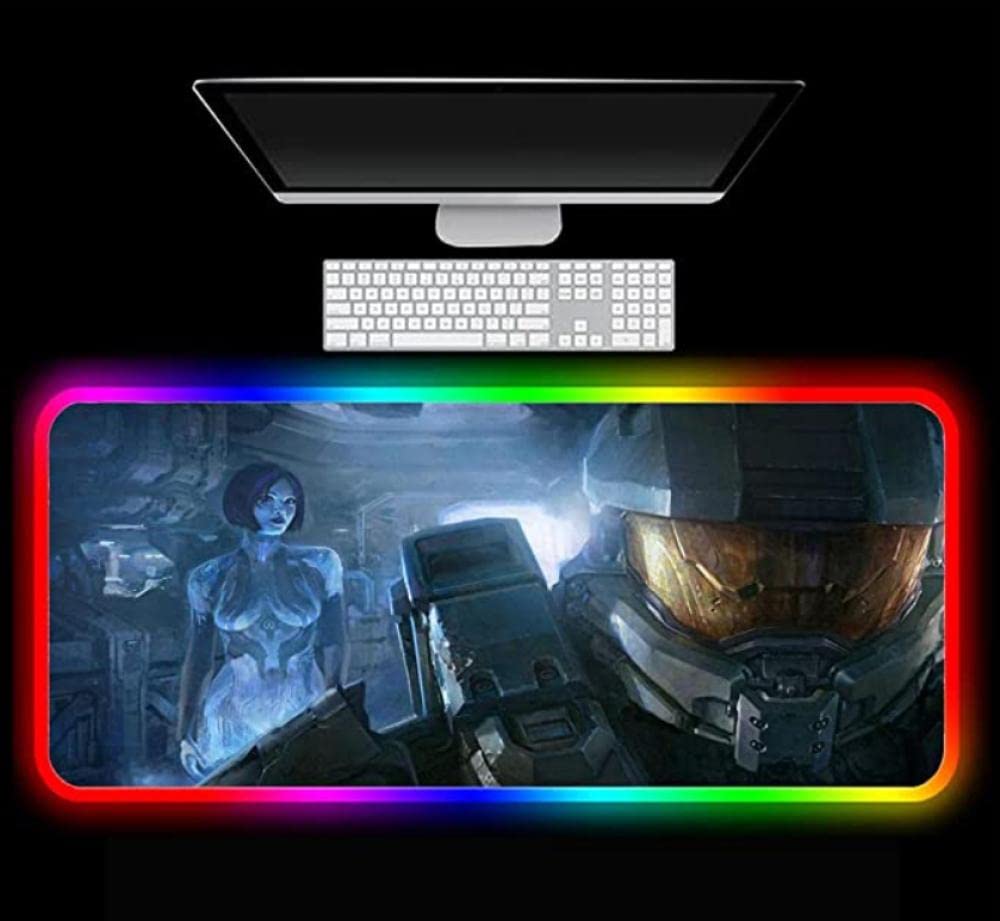 BOOUCP RGB Gaming Mouse Pad with Halo Chief and Cortana Design - Large 47.5x20 Inch LED Backlit Mouse Mat for PC, Laptop, Keyboard - Perfect for Gamers, Office Work & Home Computer Setup