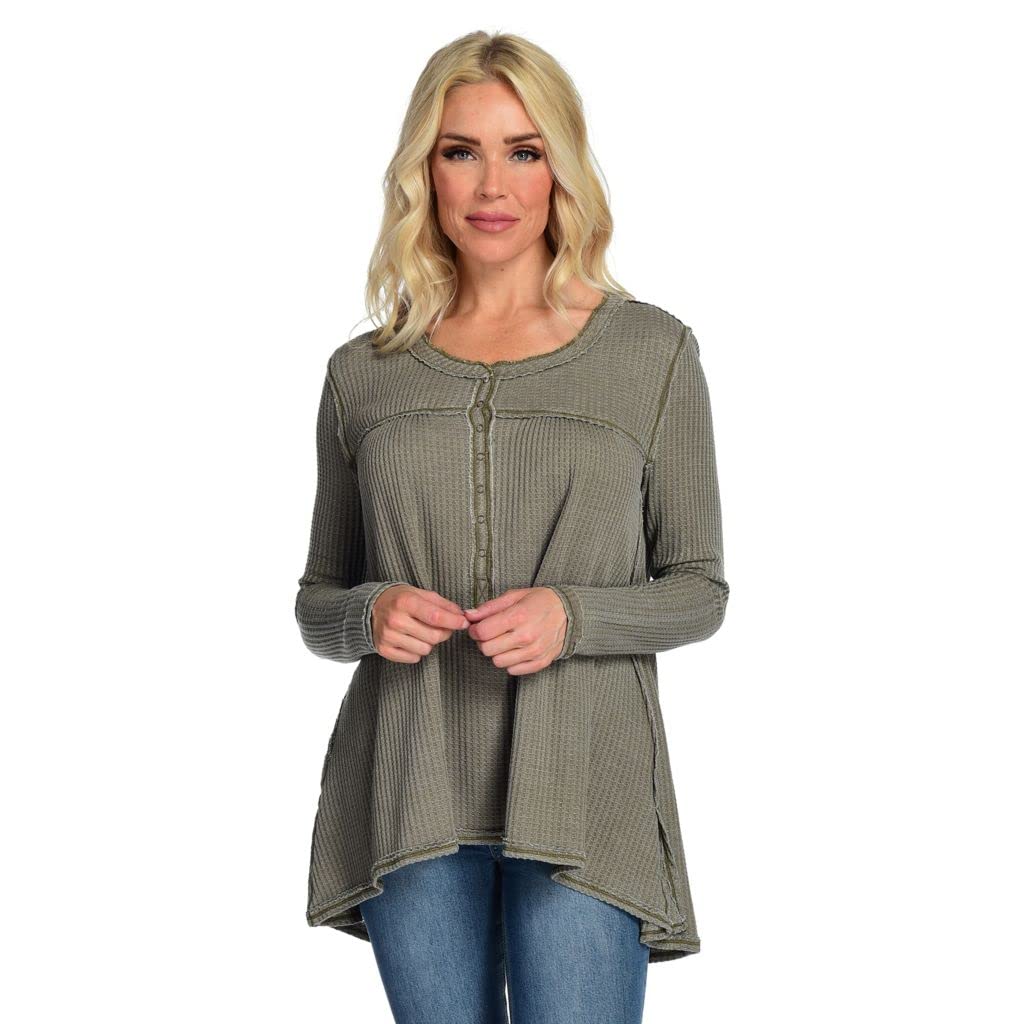 Indigo Thread Co. Waffle Knit Long Sleeve Snap Front Henley Top for Women - Olive Green XS | Casual Loungewear, Fall Layering & Cozy Outfits