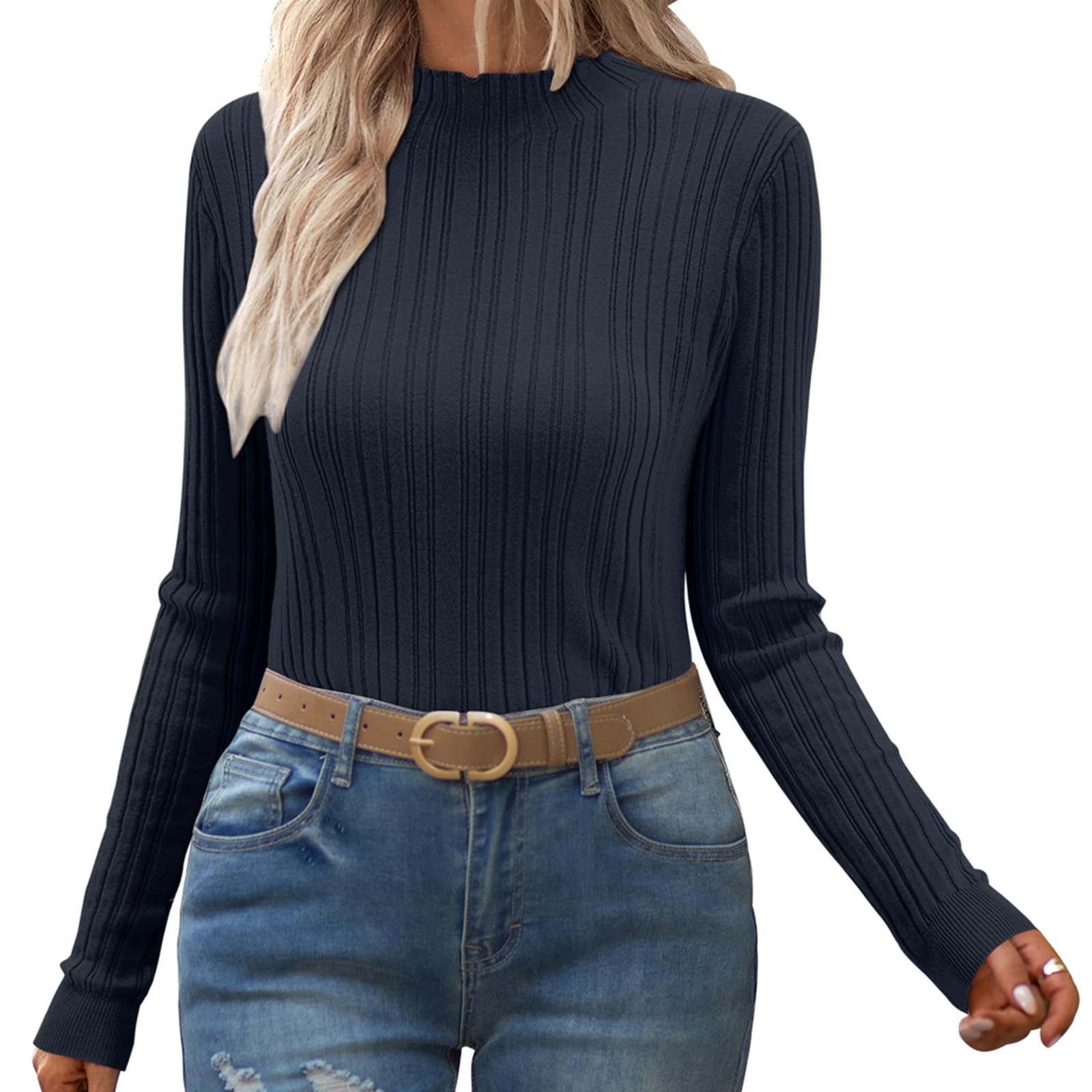 OUGES Women's 2024 Spring Summer Slim Fit Turtleneck T-Shirt - Basic Business Casual Top for Work & Office Wear | Soft Knit Sweater for Everyday Outfits